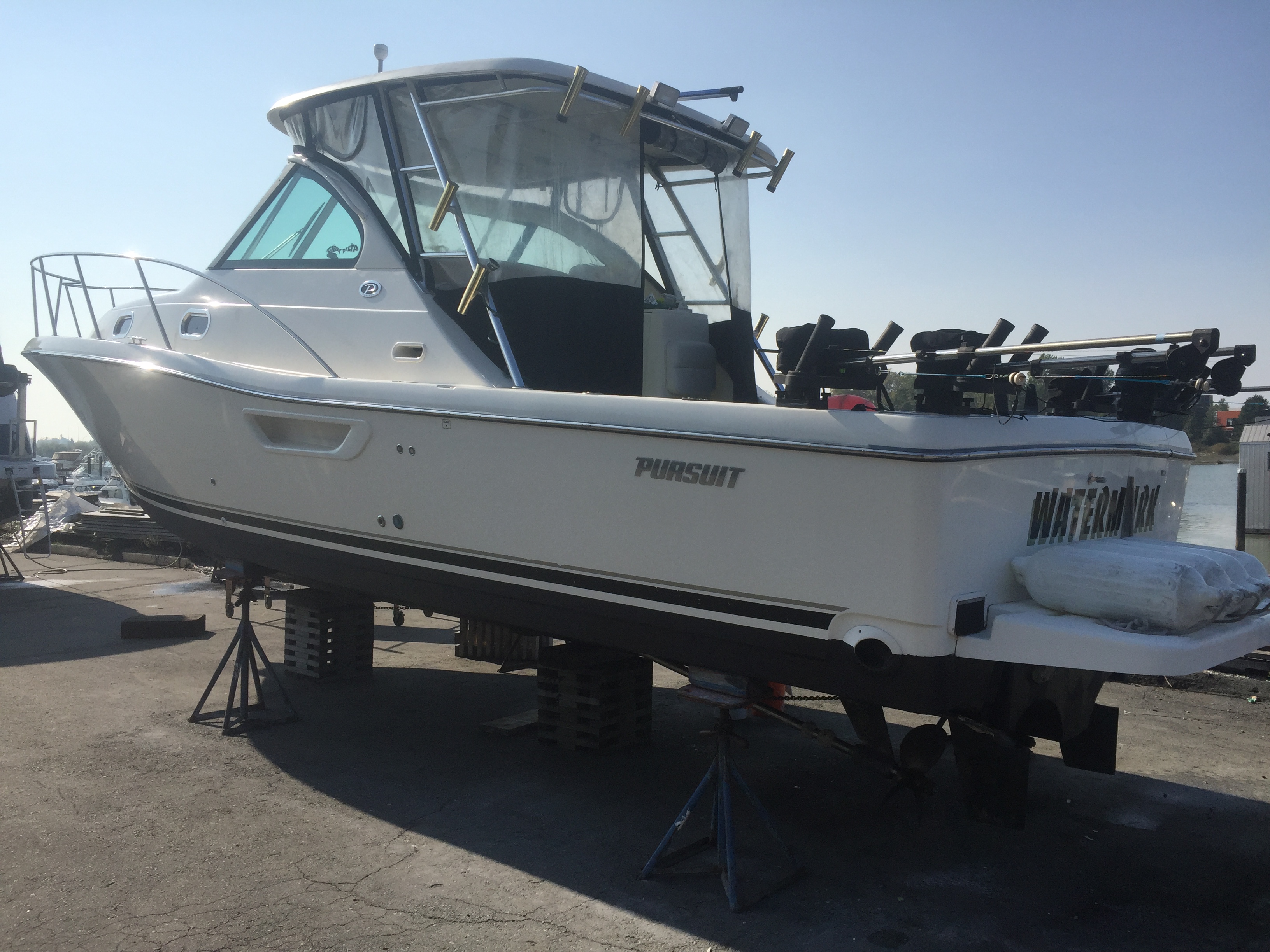 Pursuit sport fish boat with gelcoat repairs, boat detailing and maintenance service at Skyline Marina in Richmond BC from MRV Marine Services.